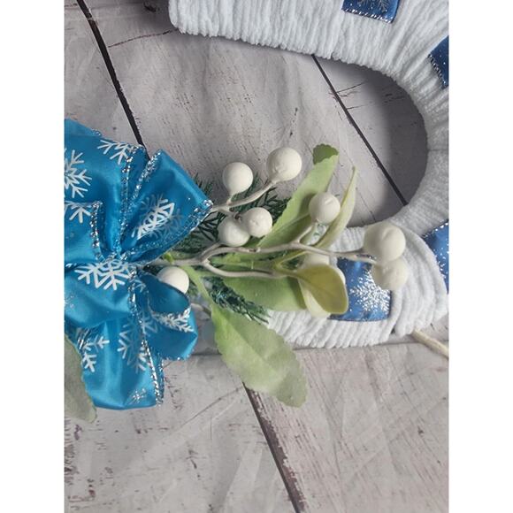 Blue Snowflake Candycane Wreath Handmade With Green Embelishment READ - Picture 4 of 8